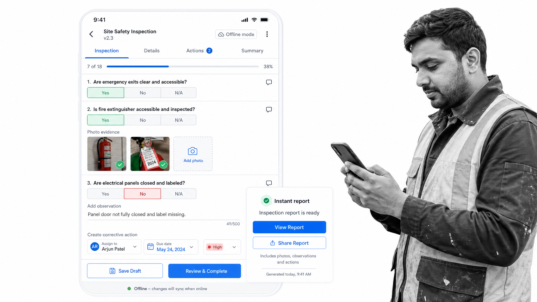 SafetyCulture checklist maker interface showing mobile inspection checklist with photo evidence, actions, offline mode, and report export