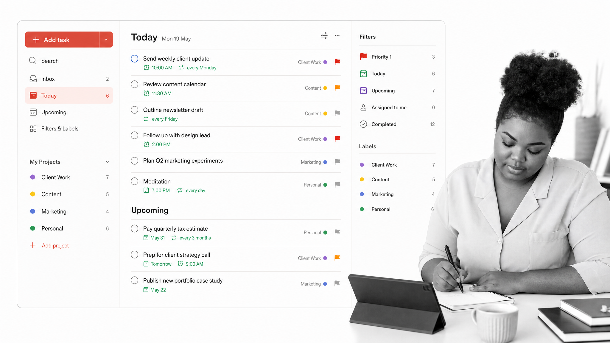 Todoist checklist maker interface showing personal task list with sections, recurring due dates, priorities, filters, and labels