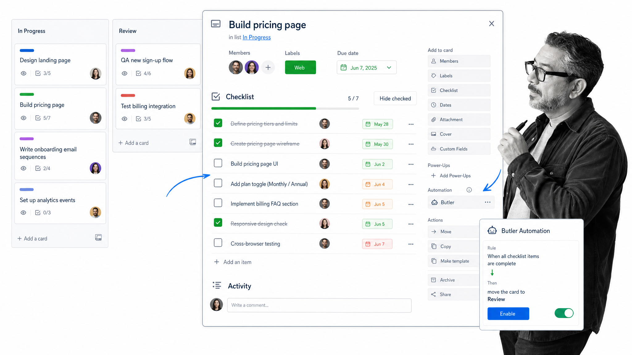 Trello checklist maker interface showing Trello card with advanced checklist items, assignees, due dates, and board columns