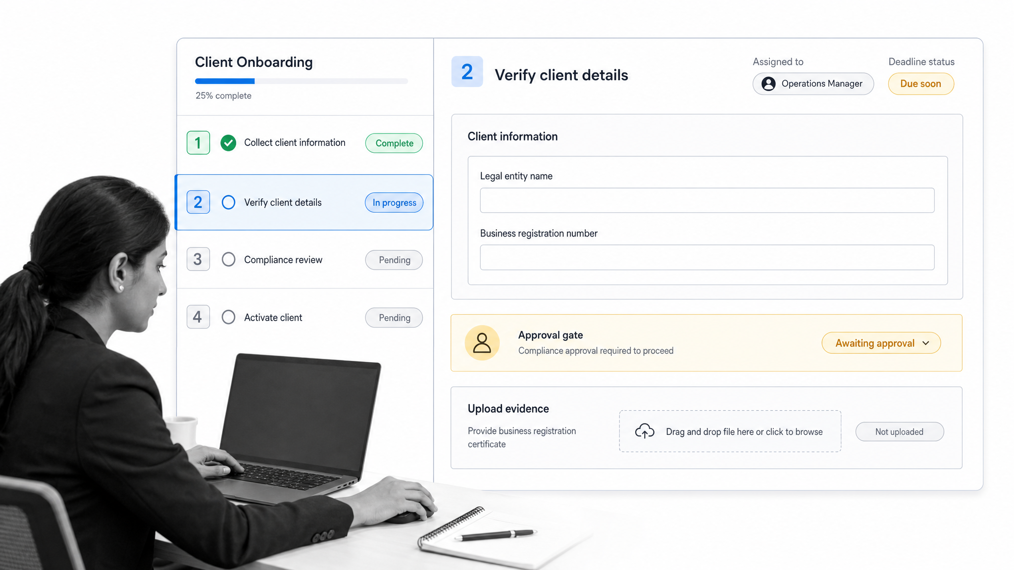 Process Street client onboarding workflow with assignments, due dates, forms, and approvals