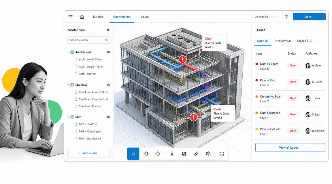 Autodesk Construction Cloud 3D model coordination view with clash issues and a discipline tree