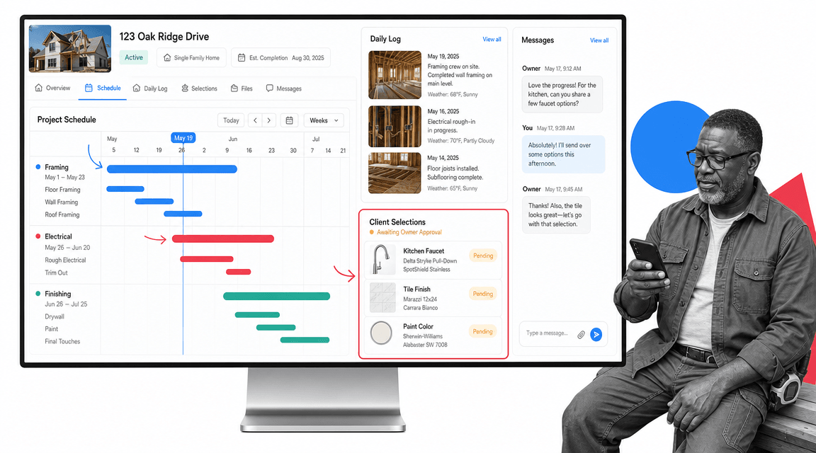 Buildertrend residential project schedule with a Gantt timeline and client selections panel