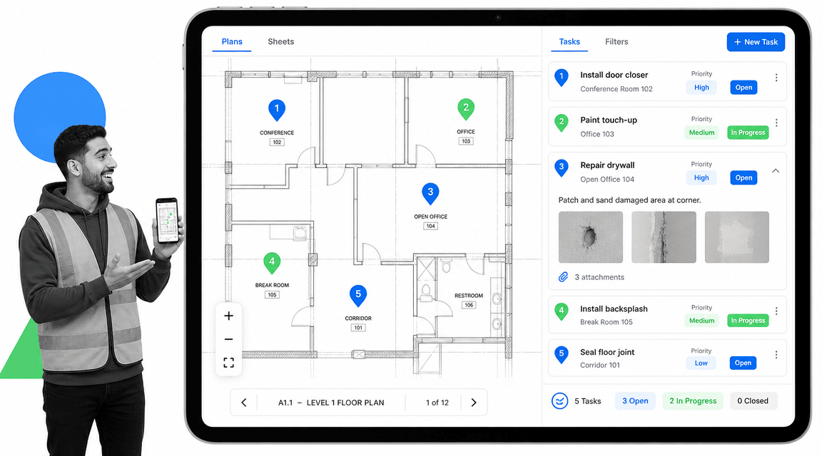 Fieldwire plan viewer with task pins on a construction drawing and a punch list