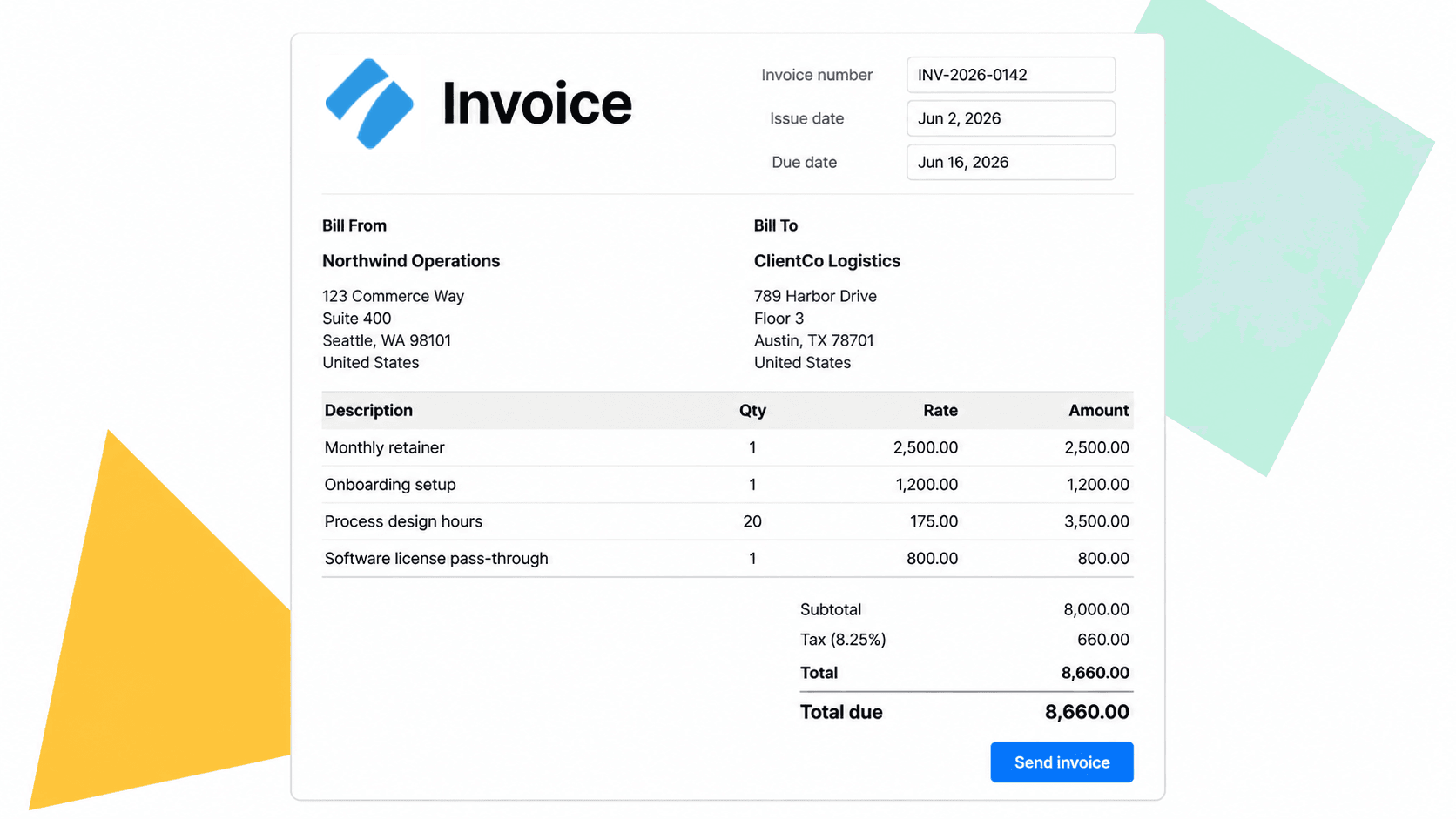 Invoice template UI with bill-from, bill-to, line items, totals, and a Send invoice button