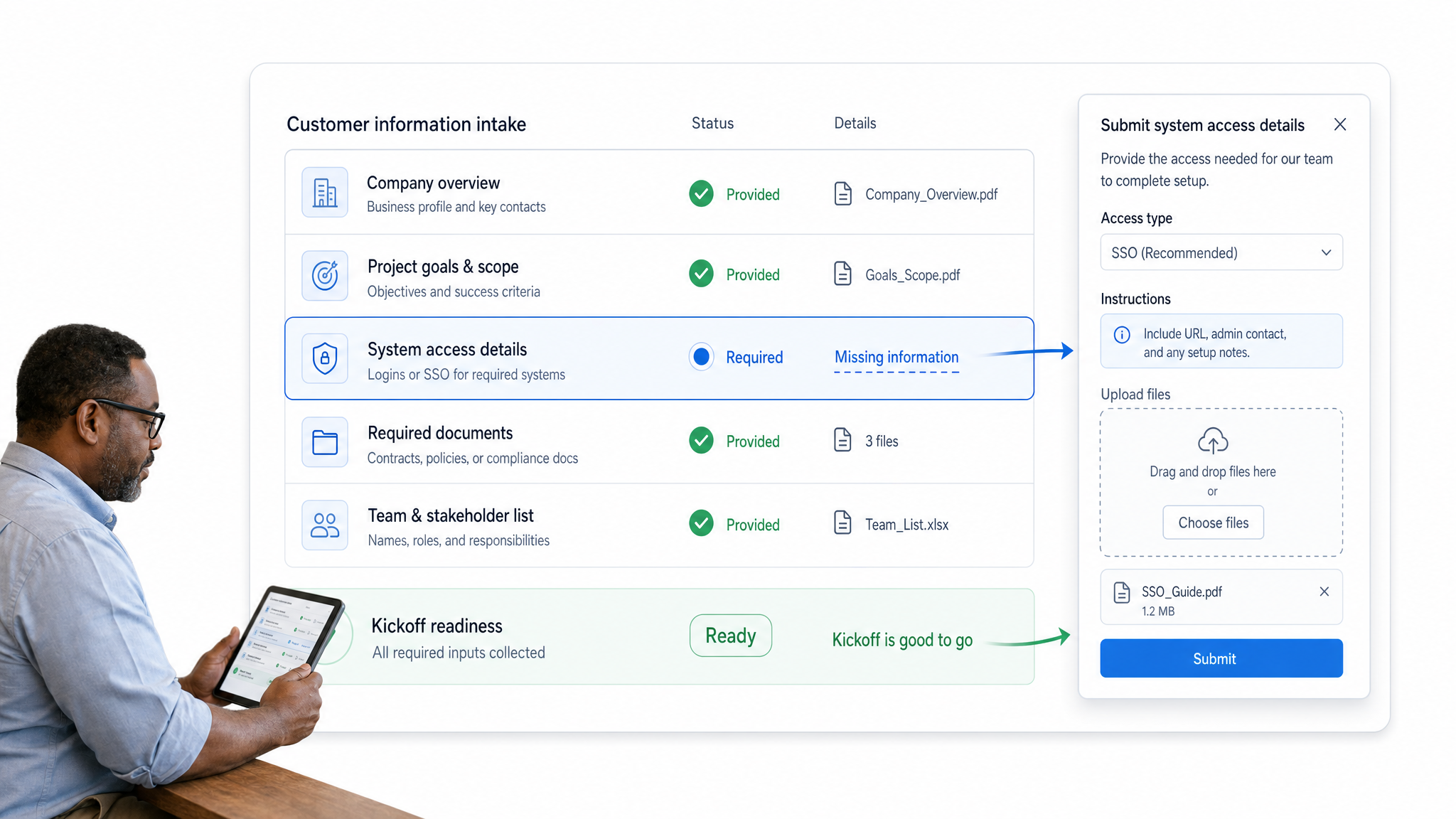 Customer intake checklist showing required documents and setup details before an onboarding kickoff.