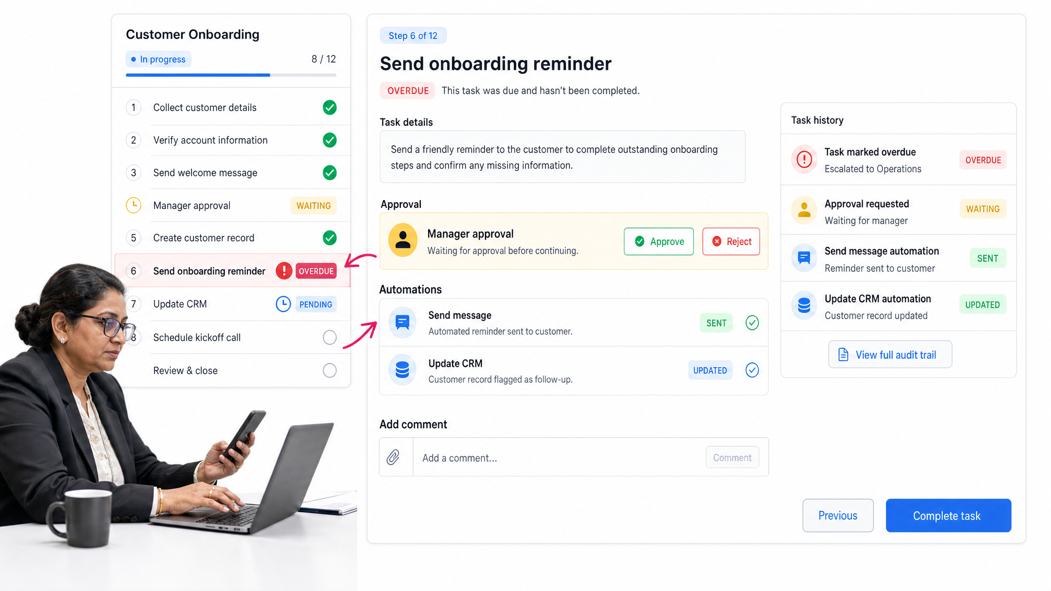 Process Street customer onboarding workflow showing automated reminders, approvals, and check-ins.