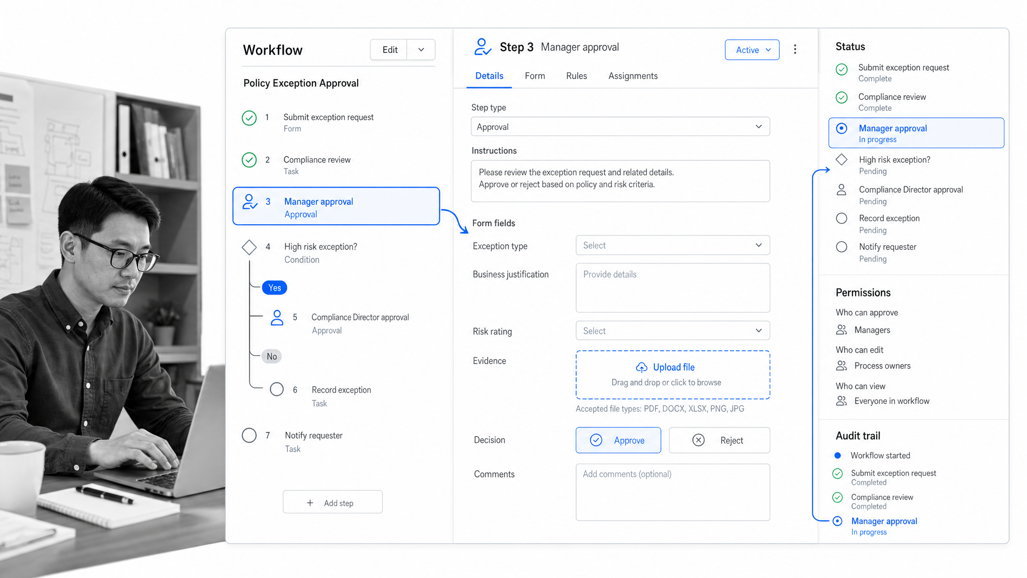 Process Street workflow editor turning a process model into an executable approval workflow.