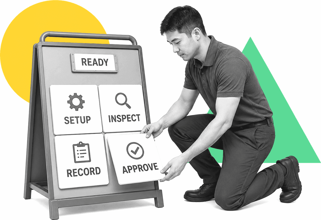 Manufacturing supervisor arranging labeled digital work instruction panels.
