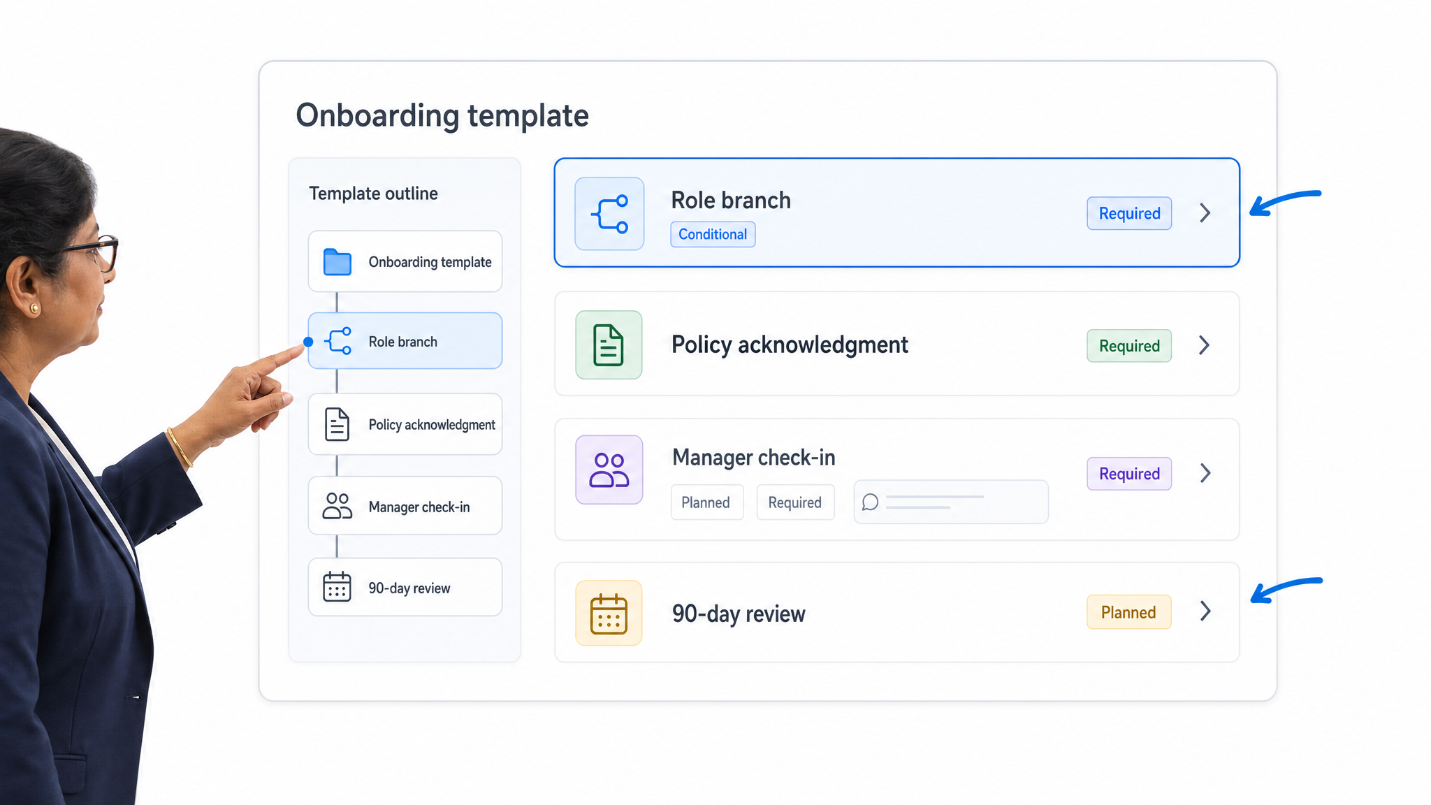 Employee onboarding template editor showing conditional role tasks and manager check-ins