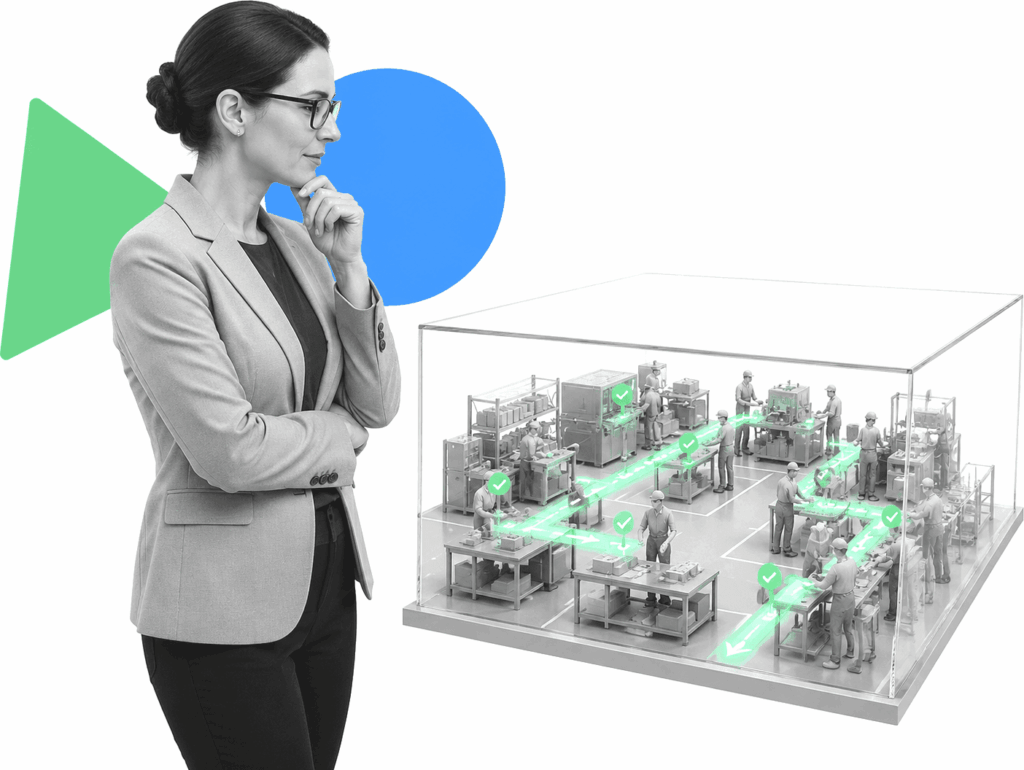 A quality assurance director examines a transparent factory floor model with miniature workers following illuminated SOP pathways between stations