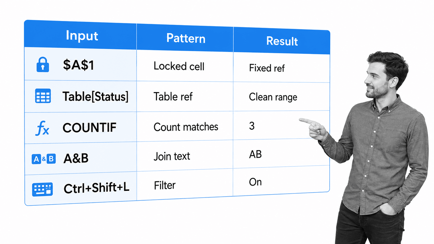 Excel command reference matrix for useful symbols and formula shortcuts.