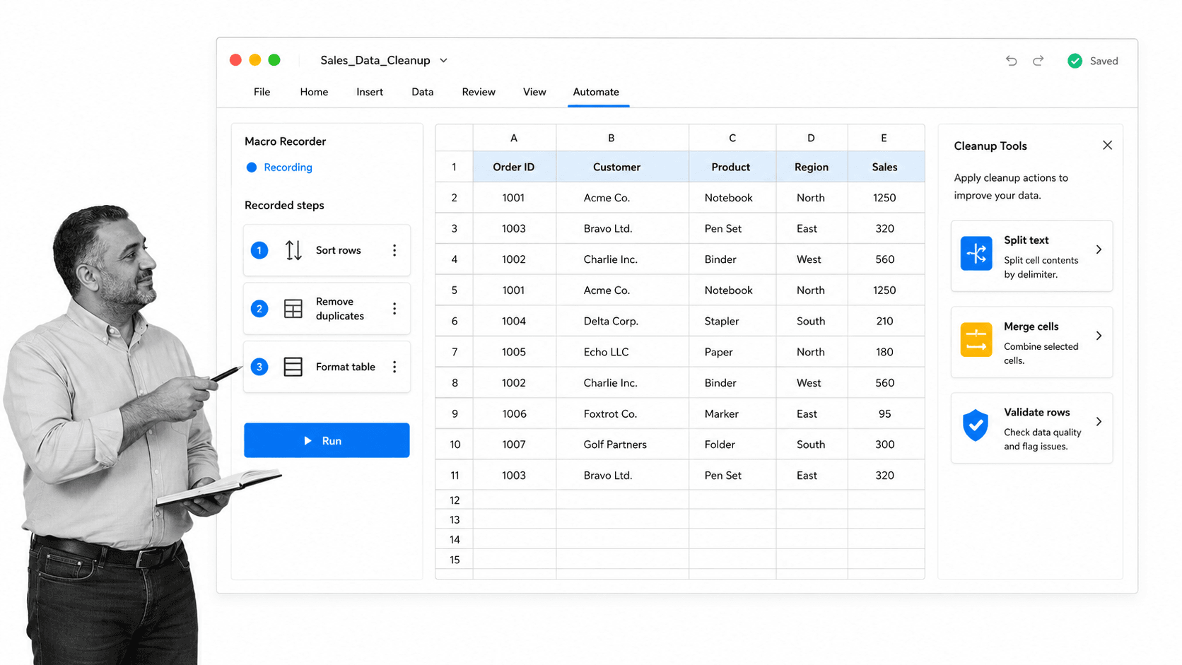 Excel macros and add-ins automation surface for workflow cleanup.