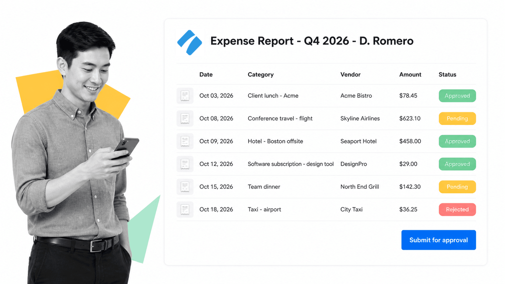 Expense report UI with itemized expense rows, category, vendor, amount, and approval status chips