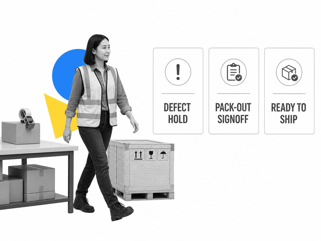 Manufacturing quality supervisor walking past defect hold, pack-out signoff, and ready to ship workflow cards.