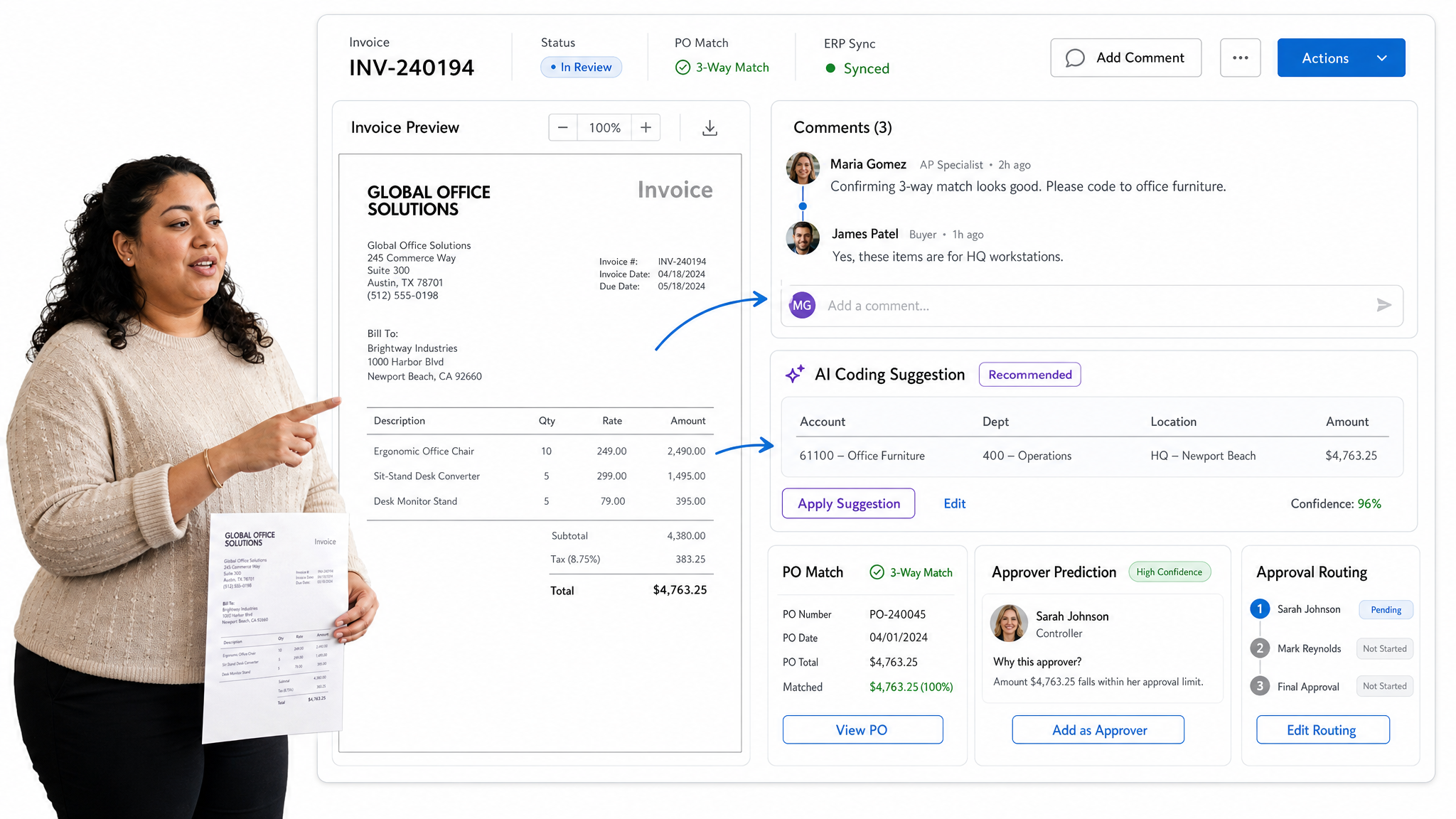 Stampli invoice approval workspace with coding, matching, and approver comments.