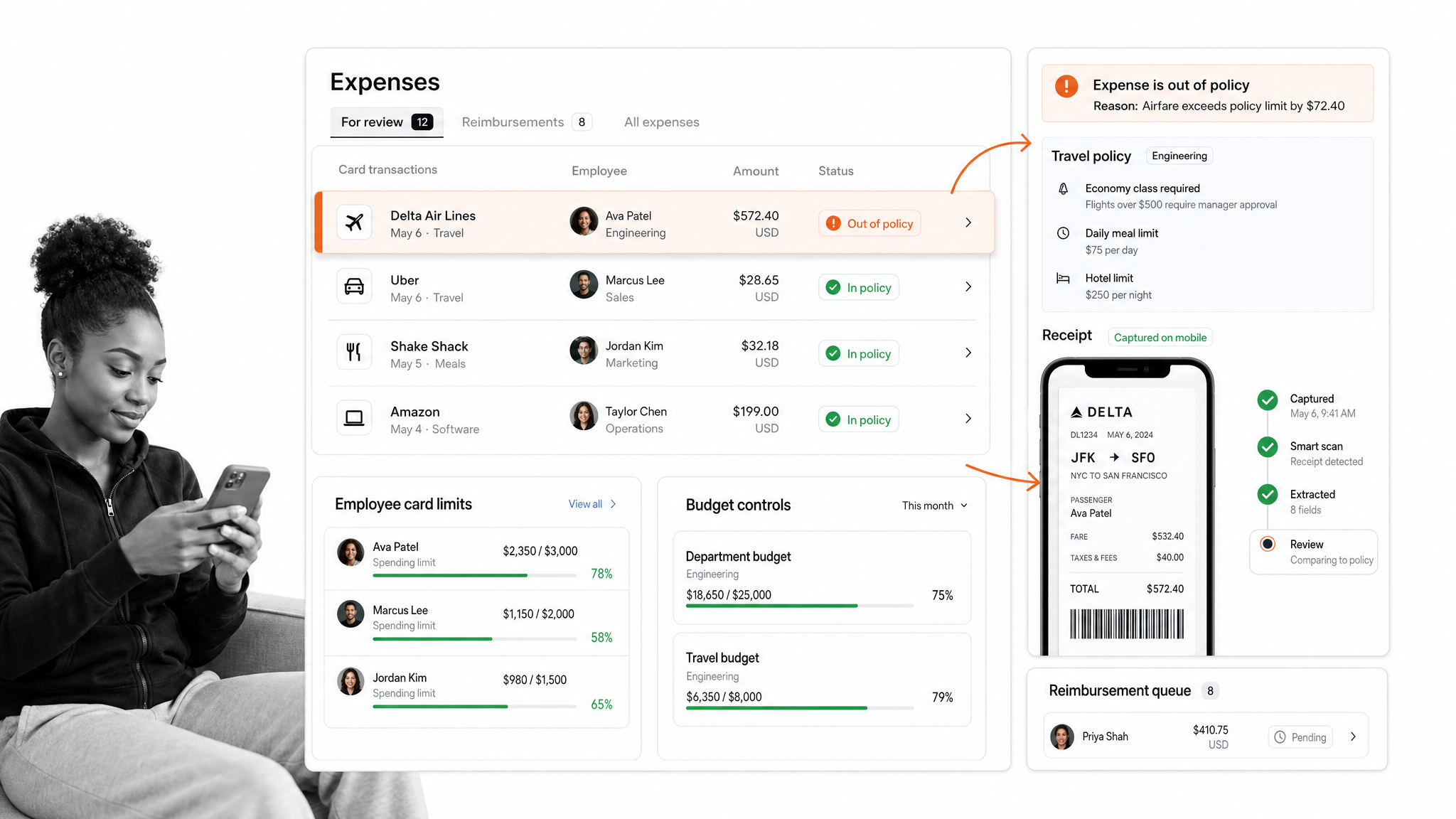 Brex expense management screen with cards, travel, and budget controls.