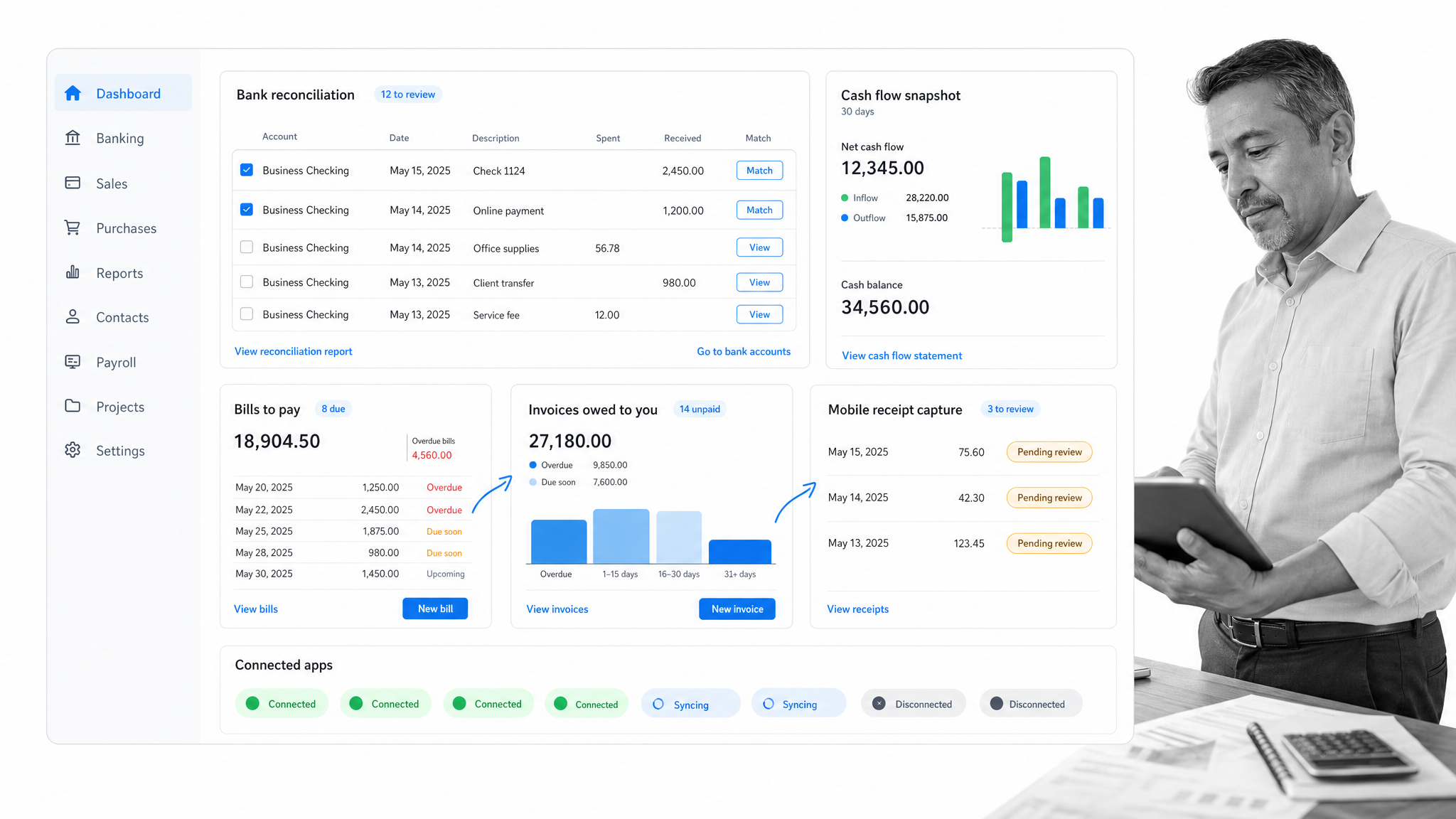 Xero accounting dashboard showing bank reconciliation, bills, and invoices.