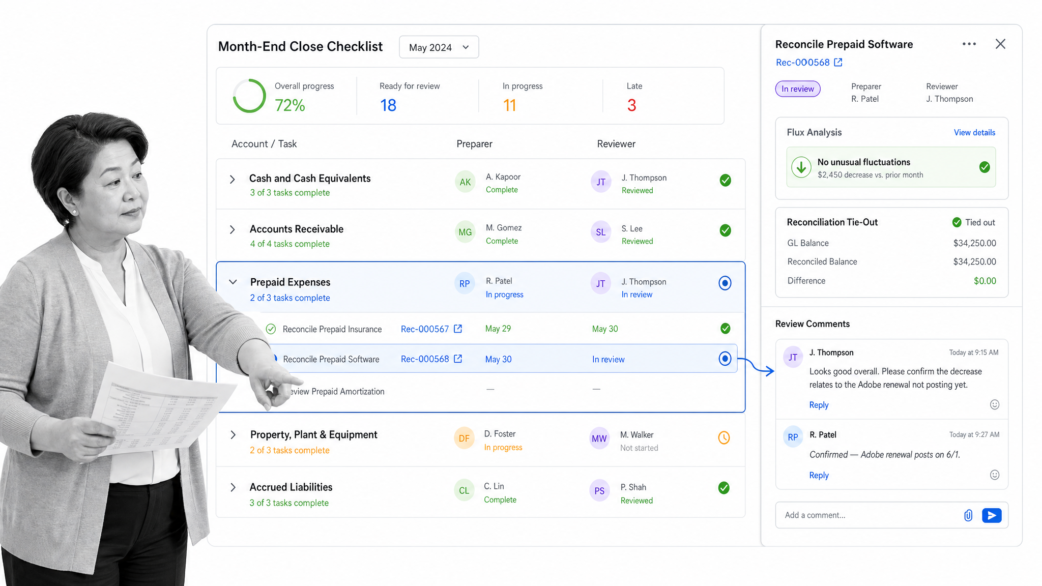 FloQast close management checklist with reconciliations and review notes.