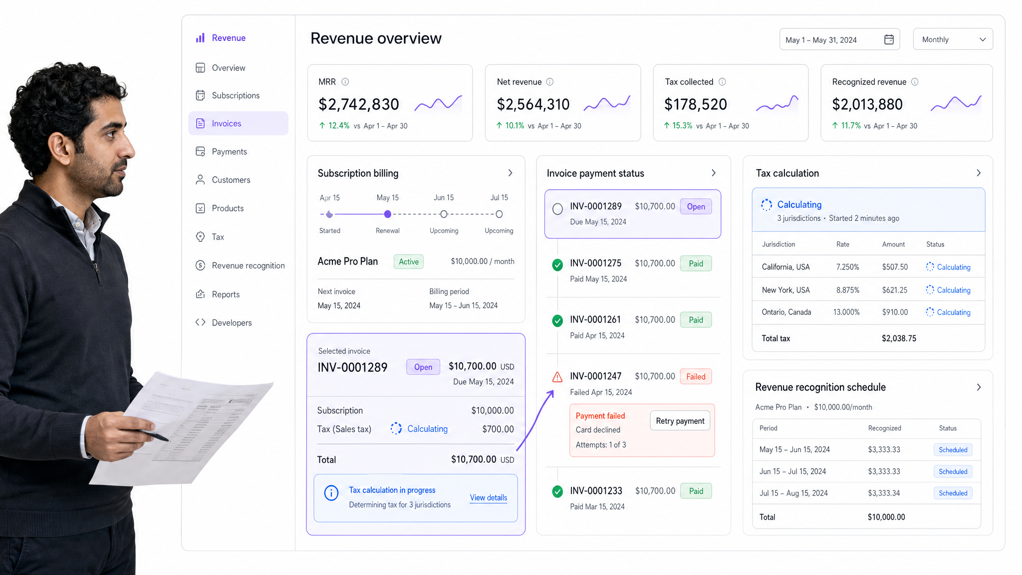 Stripe revenue automation dashboard for billing, payments, tax, and recognition.
