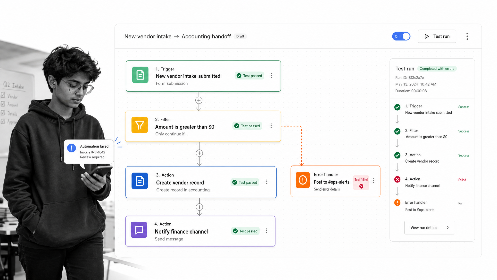 Zapier automation builder connecting finance intake, accounting updates, and notifications.