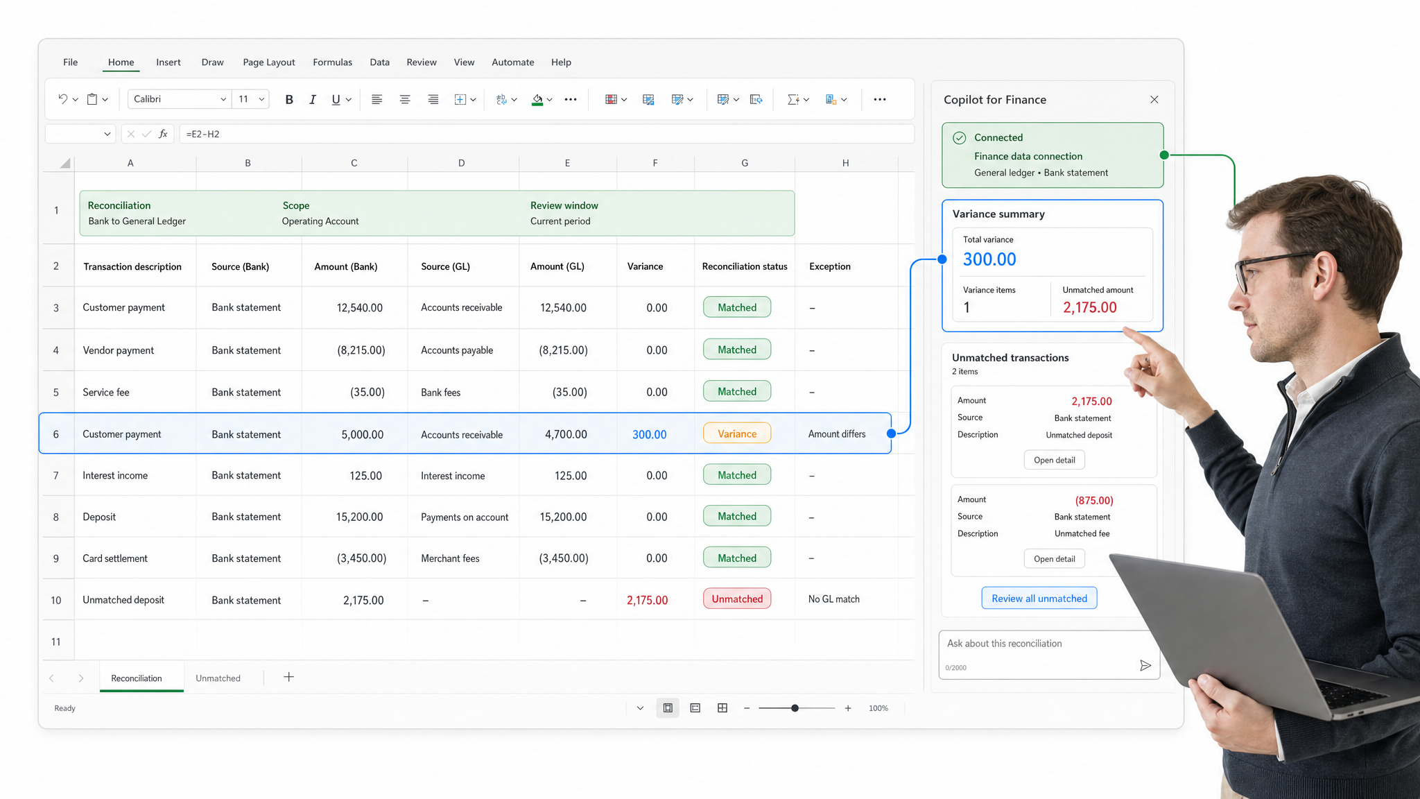 Microsoft 365 Copilot for Finance financial AI software interface showing Excel finance copilot panel