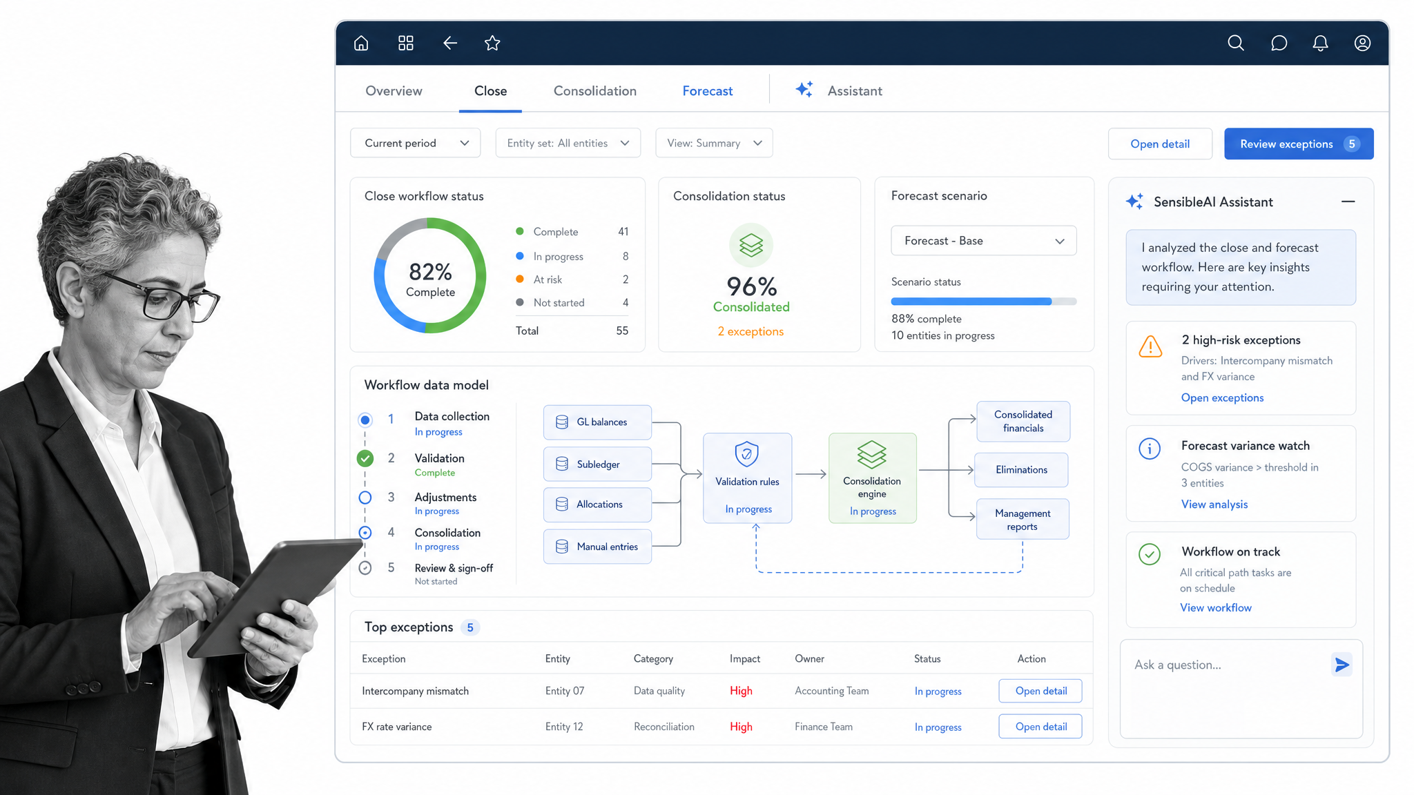 OneStream financial AI software interface showing enterprise finance model