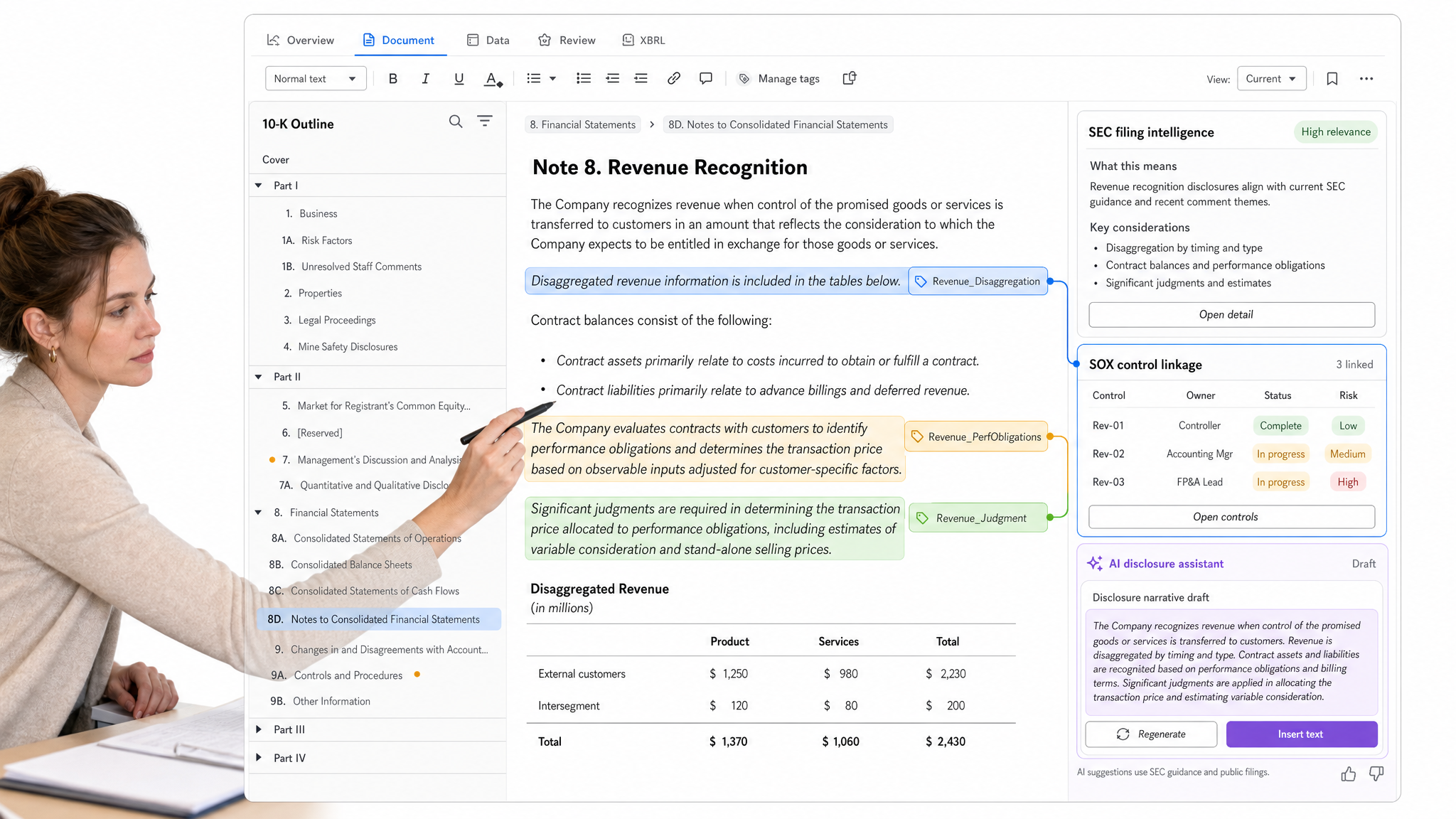 Workiva financial AI software interface showing SEC reporting workspace