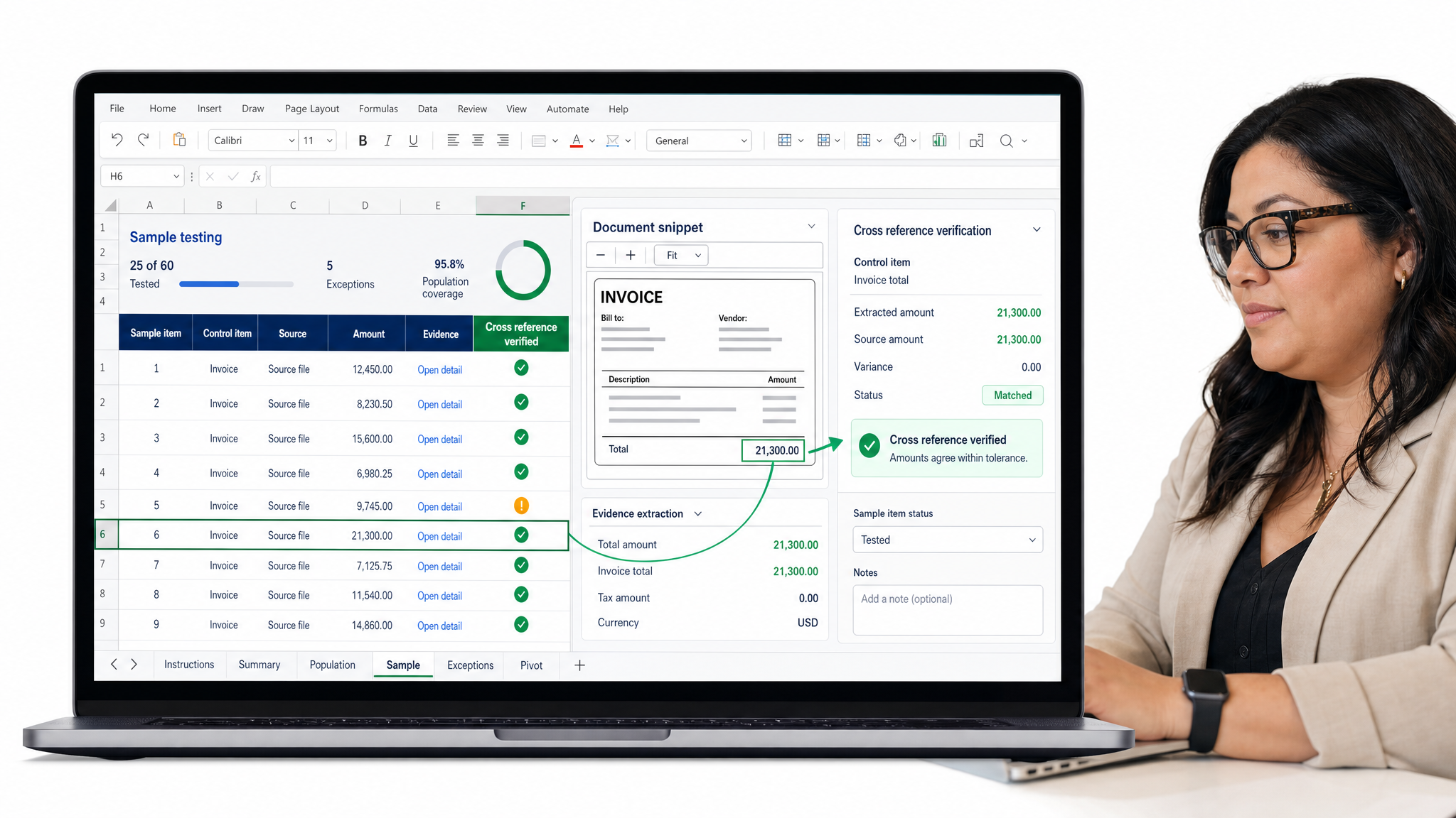 DataSnipper financial AI software interface showing Excel audit evidence workspace