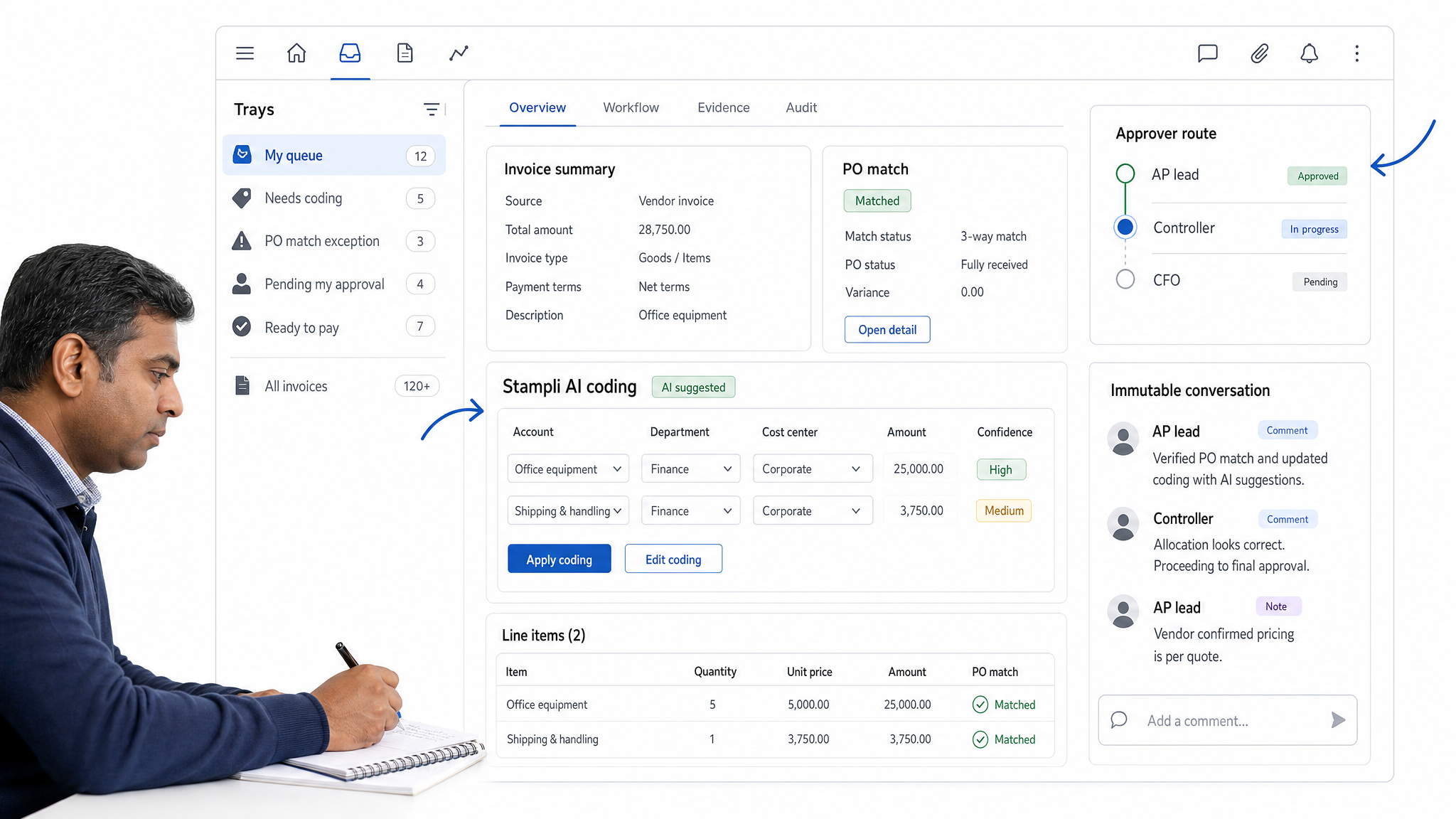 Stampli financial AI software interface showing invoice workspace
