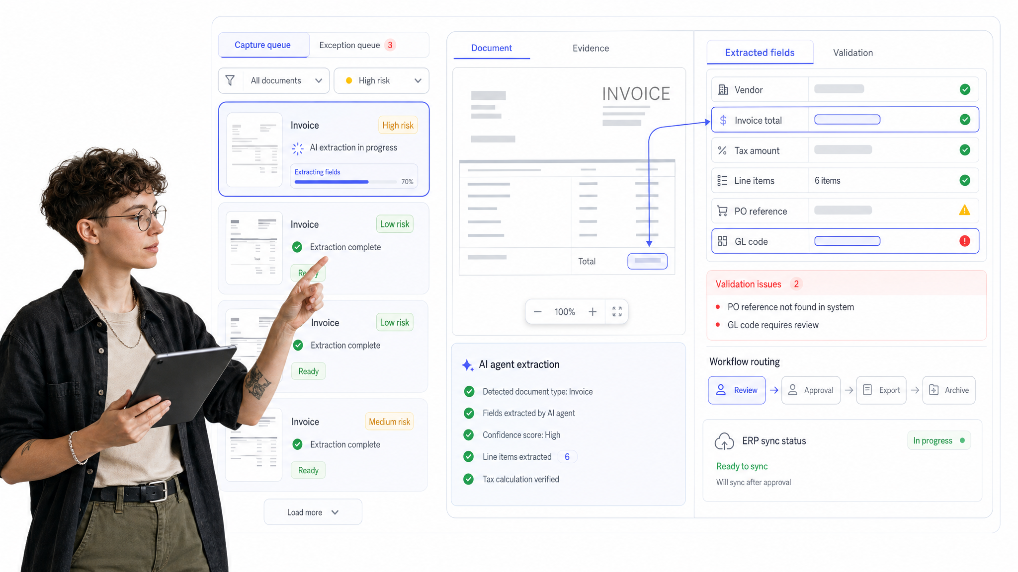 Nanonets financial AI software interface showing document extraction queue