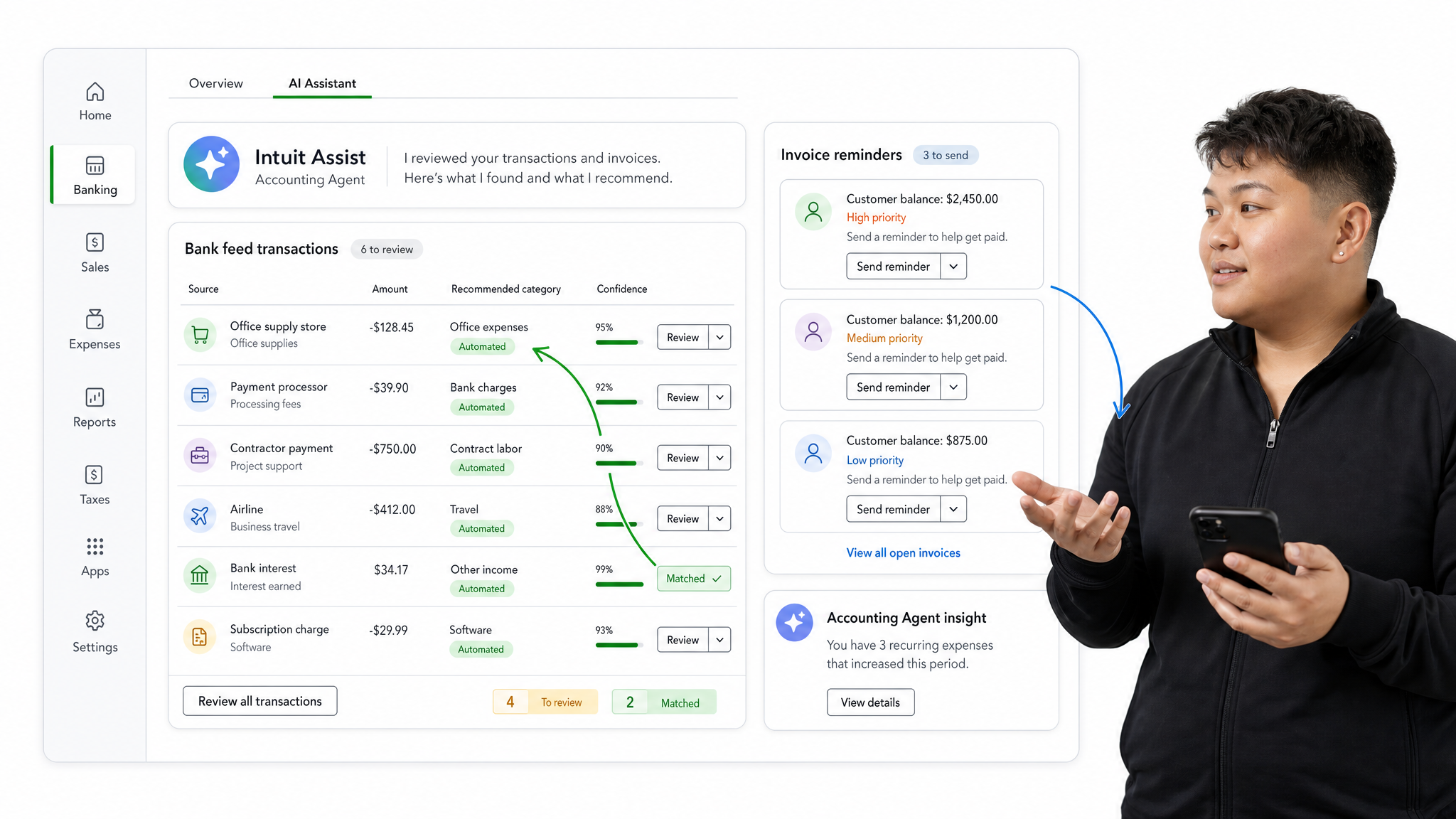 QuickBooks financial AI software interface showing AI accounting assistant