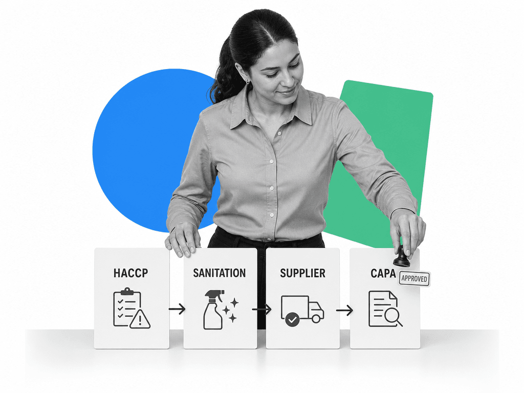 Food safety manager arranging labeled quality workflow tiles.