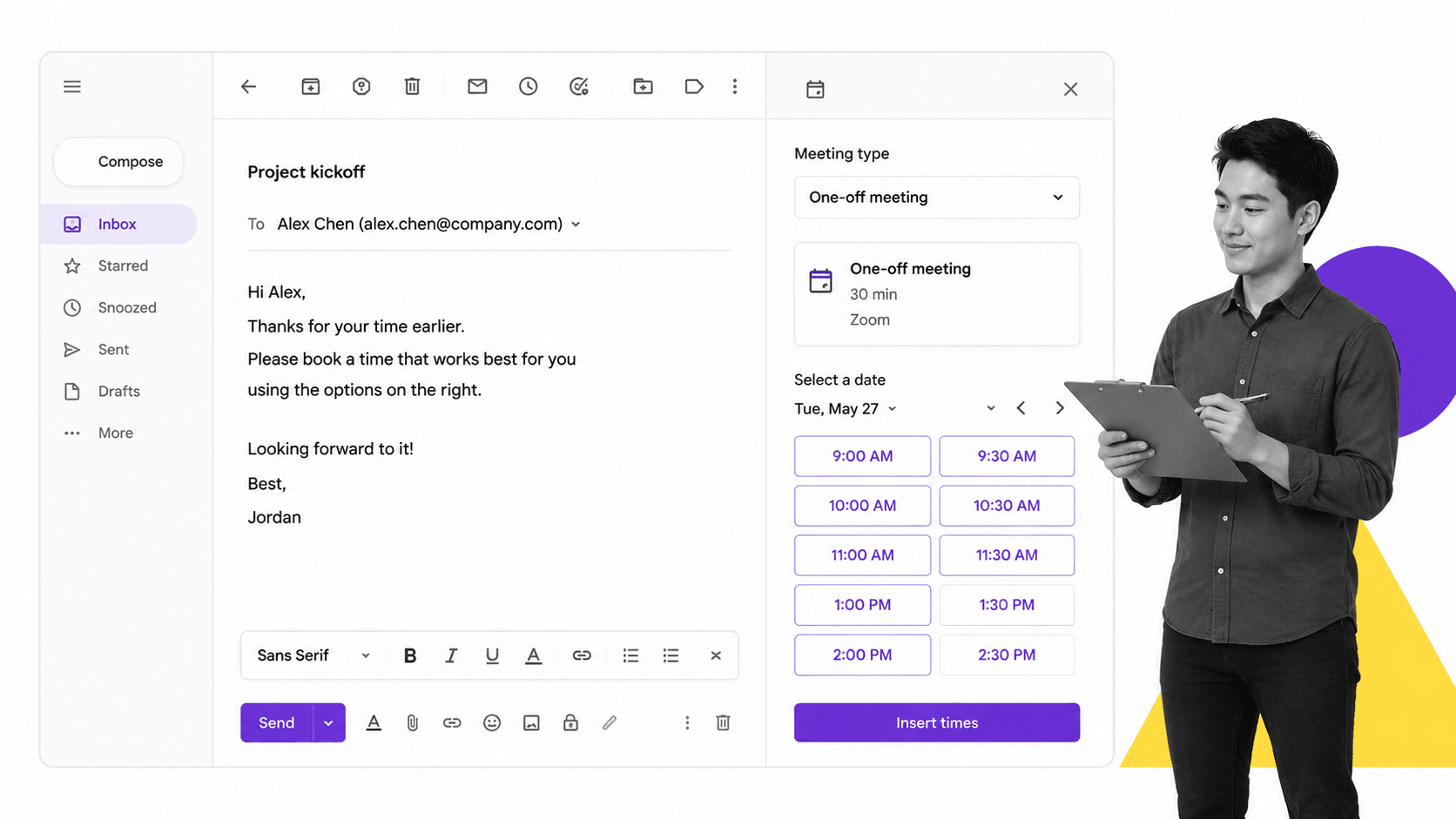 Gmail extension workflow illustration for Calendly for Gmail