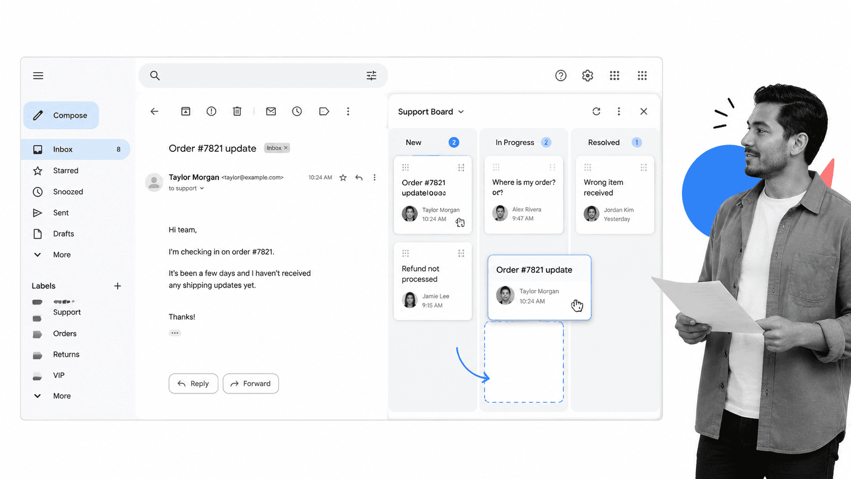Gmail extension workflow illustration for Drag