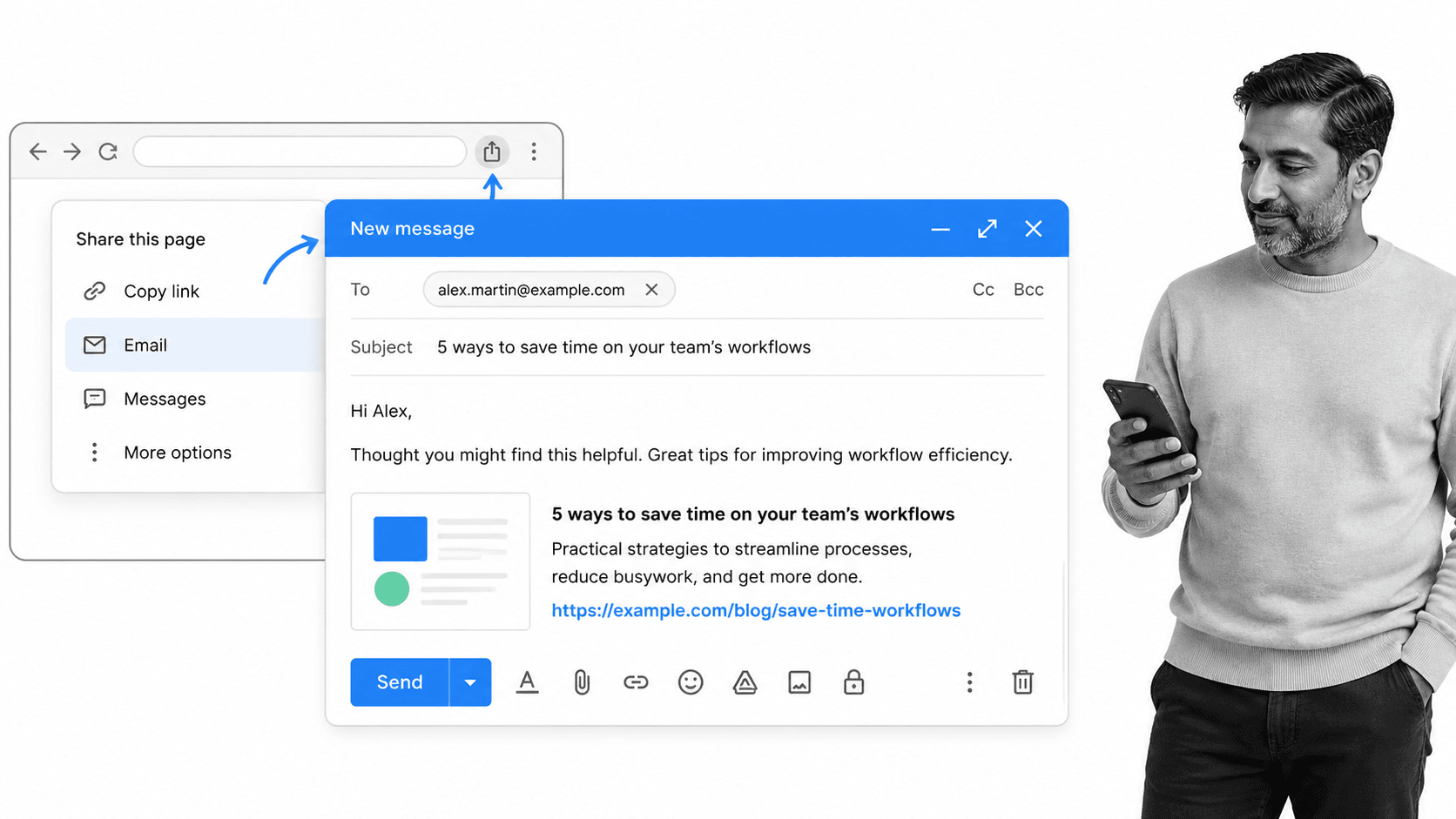 Gmail tip 2 inline visual showing a focused email productivity surface with a black and white operator.