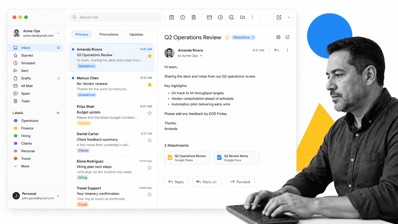 Gmail tip 3 inline visual showing a focused email productivity surface with a black and white operator.