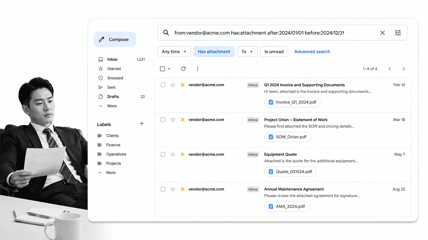 Gmail tip 4 inline visual showing a focused email productivity surface with a black and white operator.