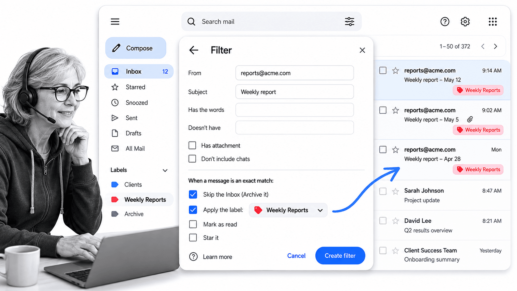 Gmail tip 5 inline visual showing a focused email productivity surface with a black and white operator.