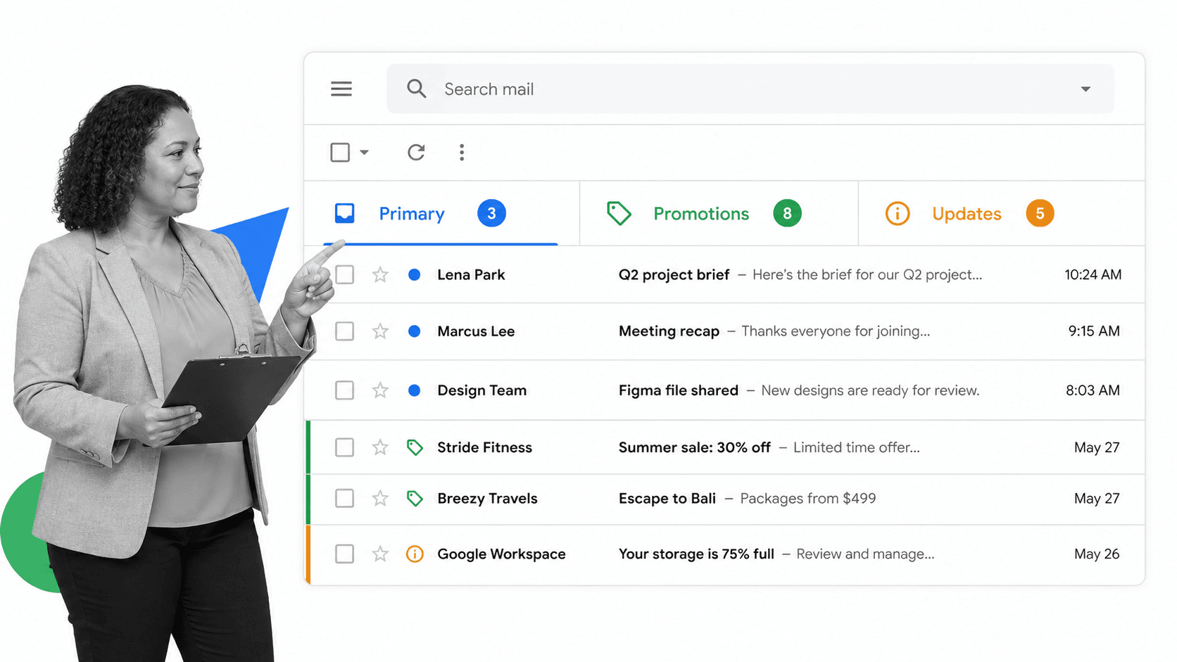 Gmail tip 7 inline visual showing a focused email productivity surface with a black and white operator.