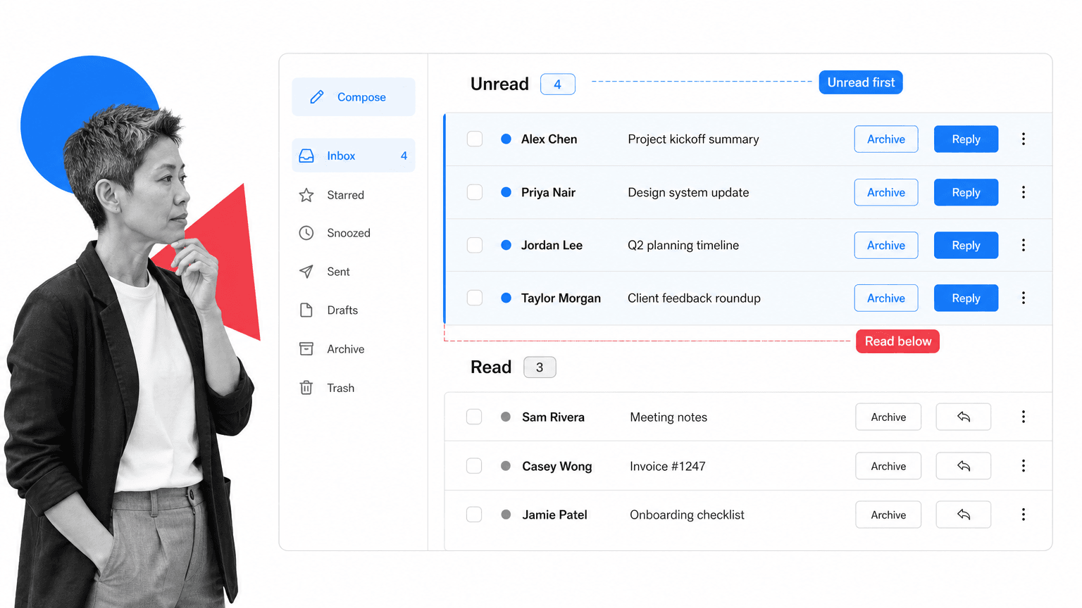 Gmail tip 8 inline visual showing a focused email productivity surface with a black and white operator.