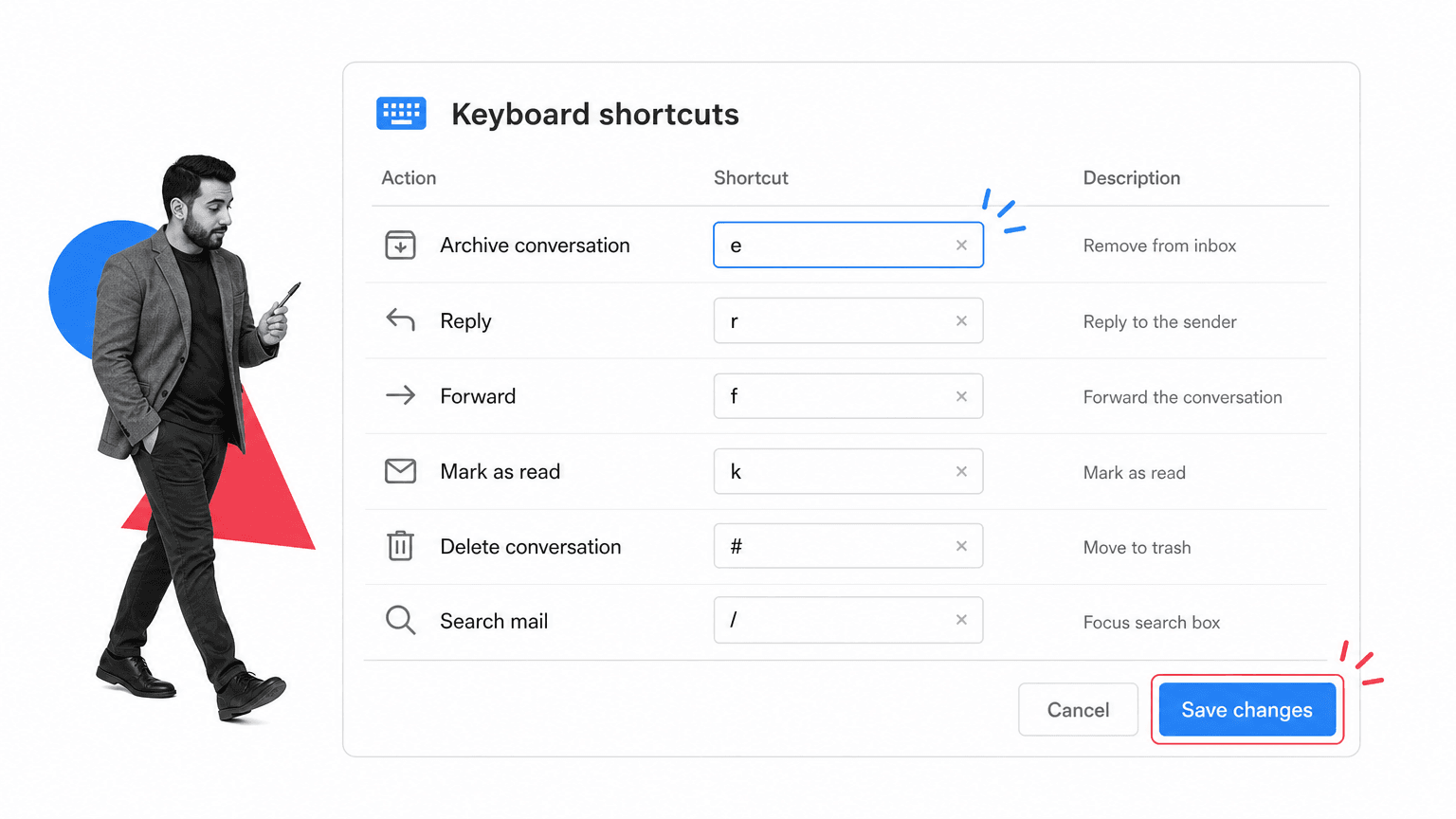 Gmail tip 14 inline visual showing a focused email productivity surface with a black and white operator.