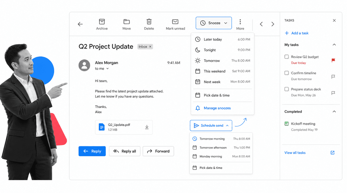 Gmail tip 16 inline visual showing a focused email productivity surface with a black and white operator.