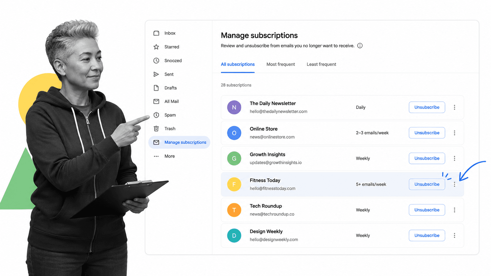 Gmail tip 23 inline visual showing a focused email productivity surface with a black and white operator.