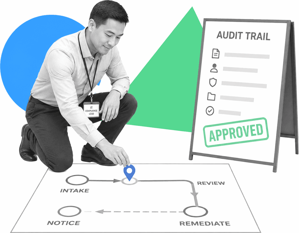 A healthcare operations lead connects HIPAA workflow stations for policy, training, access, and evidence.