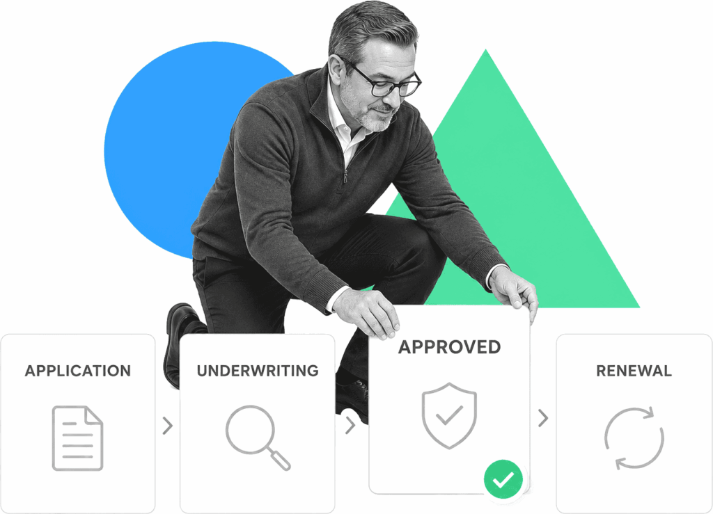 An insurance operations lead reviews policy workflow cards arranged across a desk.