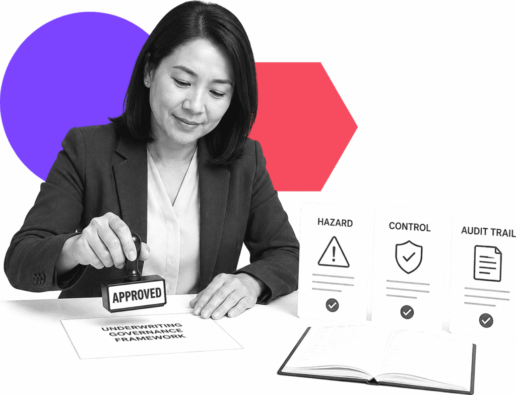 Insurance underwriting governance lead stamping an APPROVED card next to workflow cards labeled HAZARD, CONTROL, and AUDIT TRAIL.