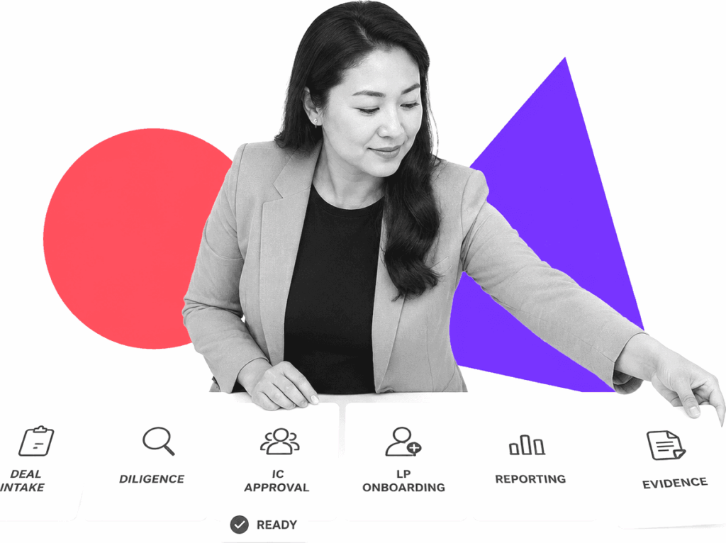 An investment operations manager arranging labeled workflow cards for diligence, approvals, and reporting.