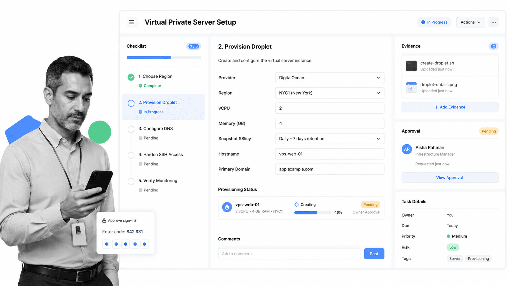 Process Street workflow screen for Virtual Private Server Setup