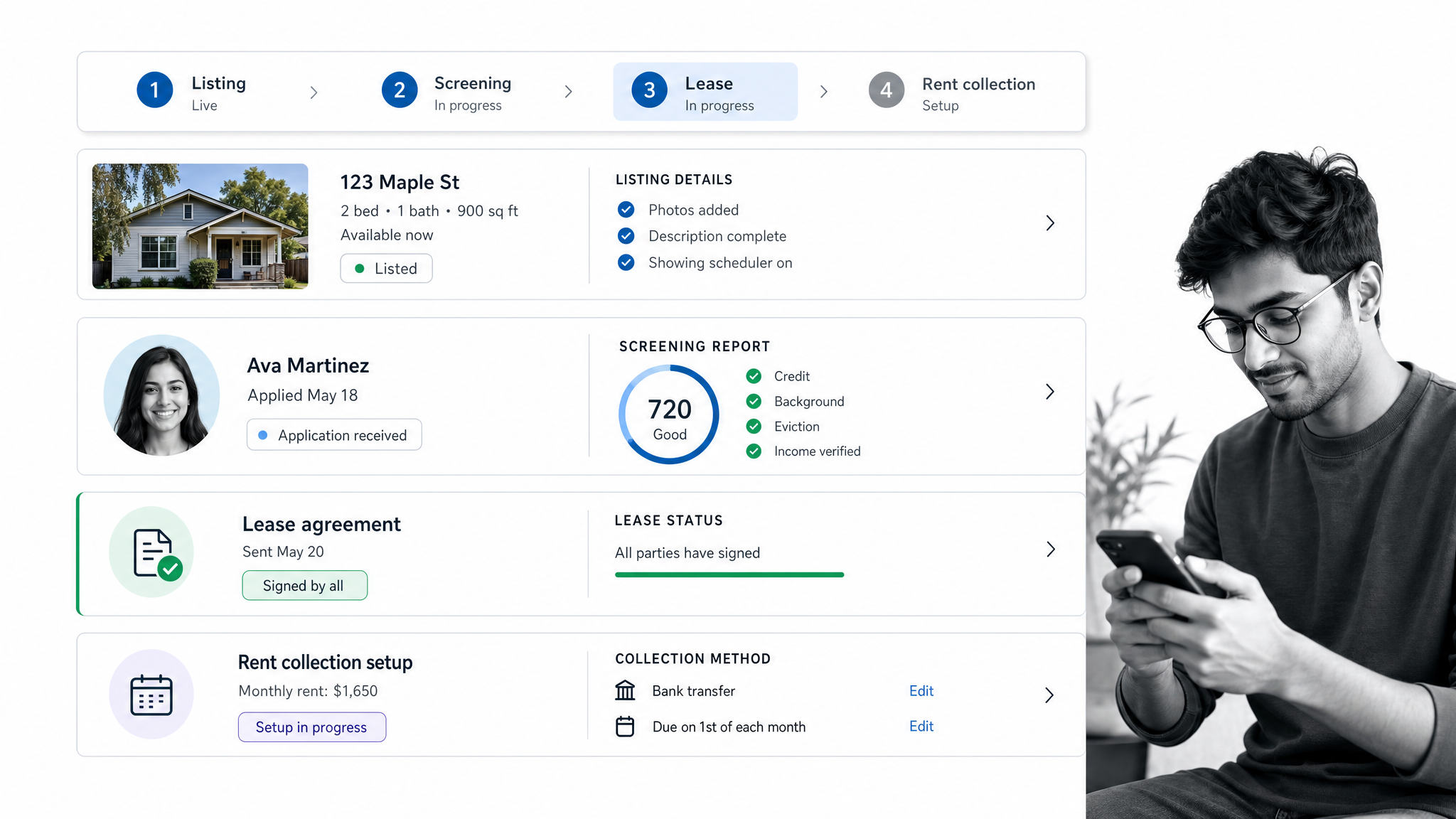 Avail lease management software interface showing landlord lease dashboard.