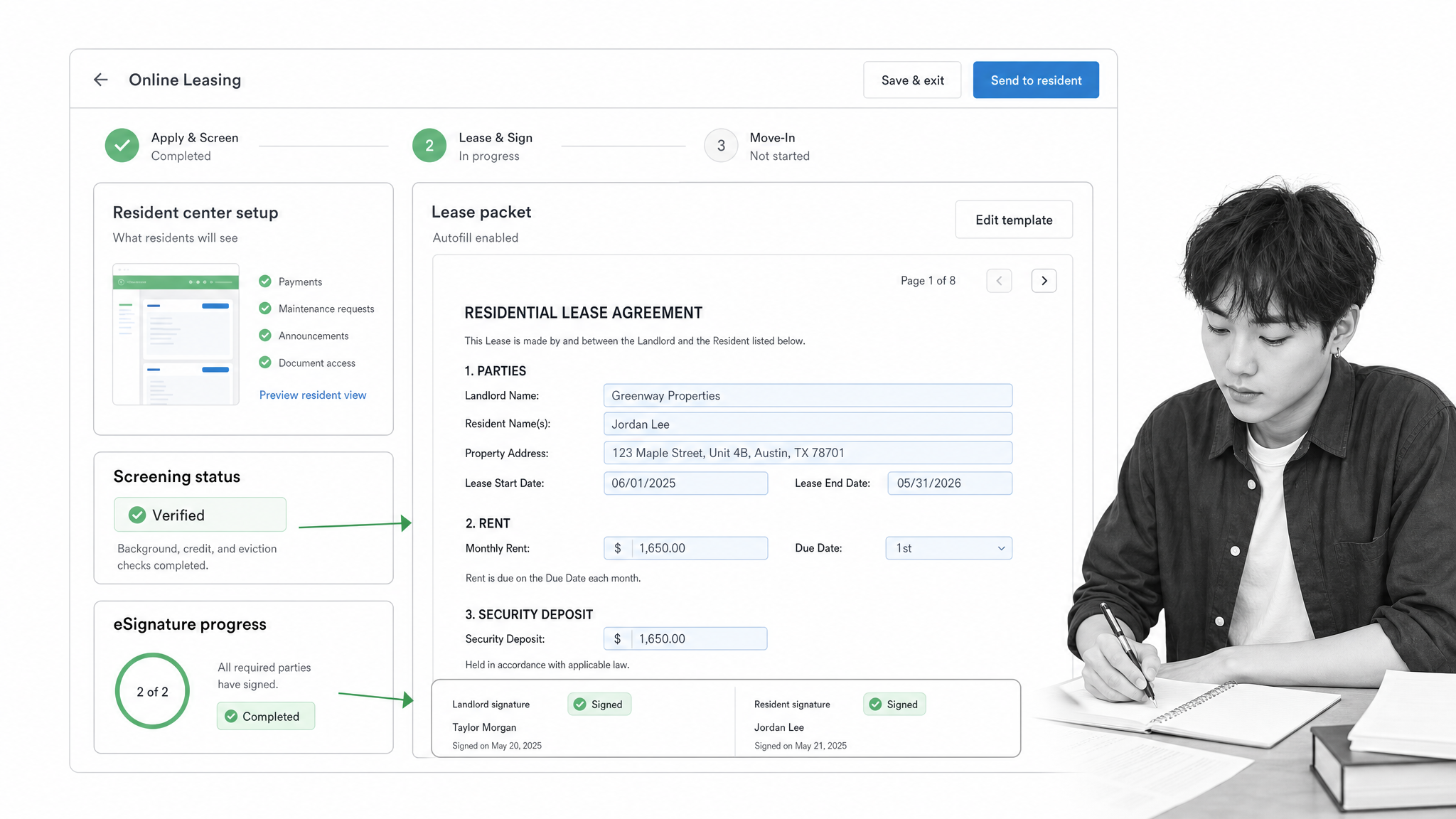 Buildium lease management software interface showing online leasing workspace.